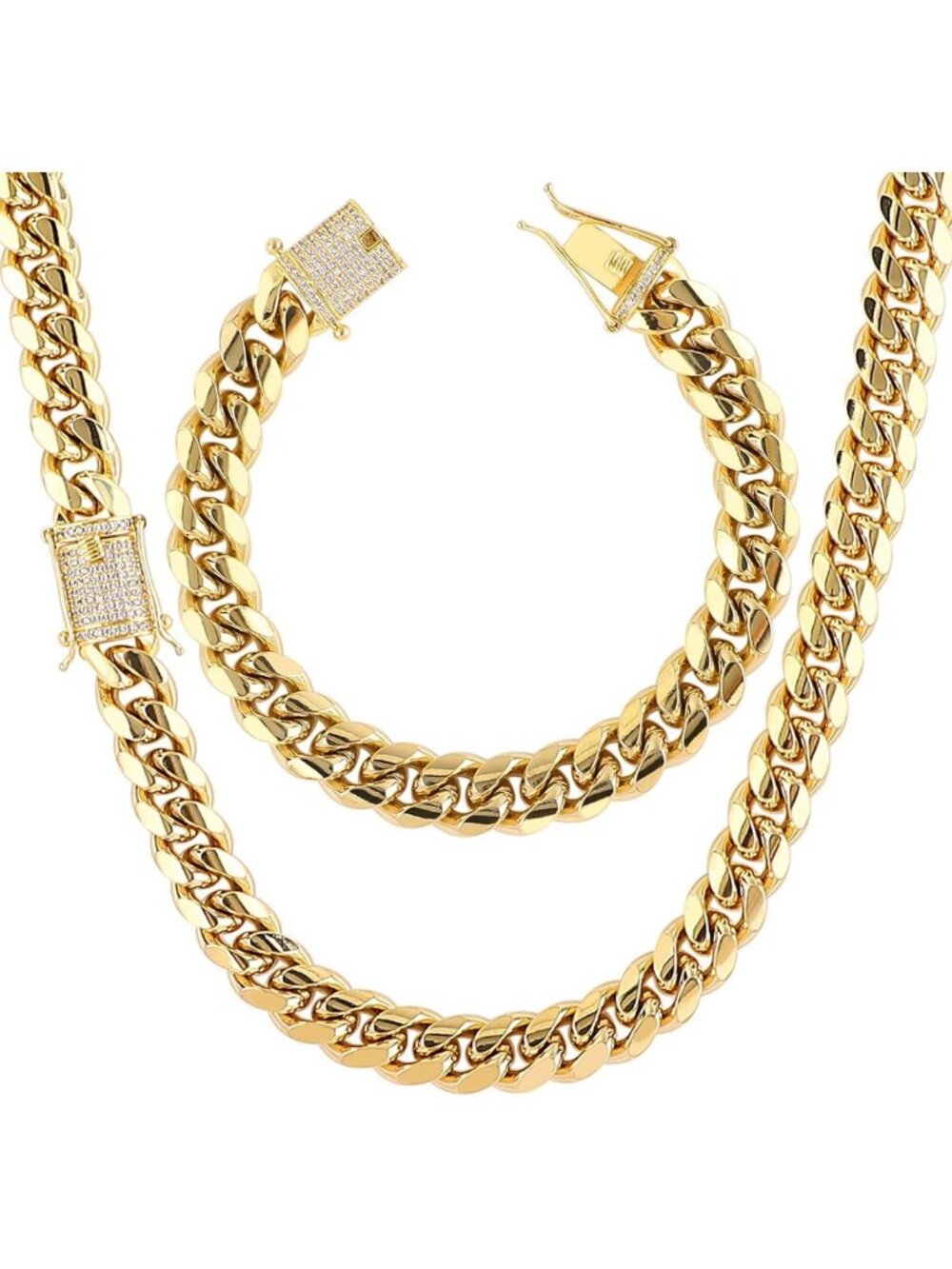 Men's 18K Gold Plated Miami Cuban Link Chain Set - Stainless Steel Curb Bracelet
